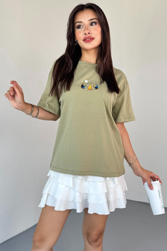 T-910 Haki Ateş Nakışlı Kısa Kollu Salaş Pamuklu Tişört - 5