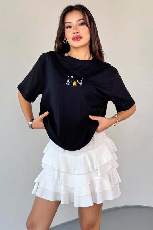 T-910 Siyah Ateş Nakışlı Kısa Kollu Salaş Pamuklu Tişört - 4