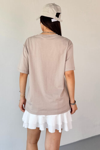 T-910 Taş Rengi Ateş Nakışlı Kısa Kollu Salaş Pamuklu Tişört - 3