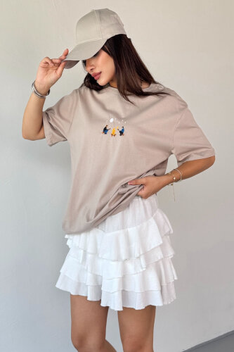 T-910 Taş Rengi Ateş Nakışlı Kısa Kollu Salaş Pamuklu Tişört