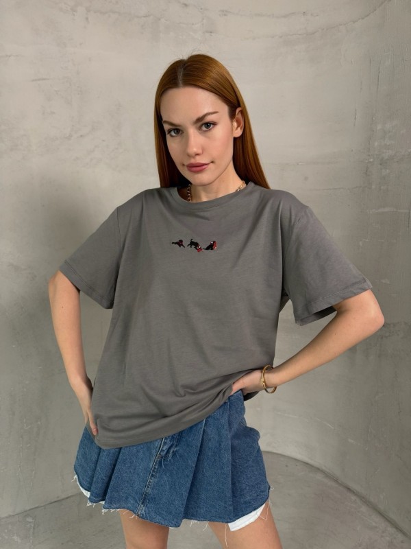 T-912 Füme Köpek Nakış İşlemeli Bisiklet Yaka Tişört - 1