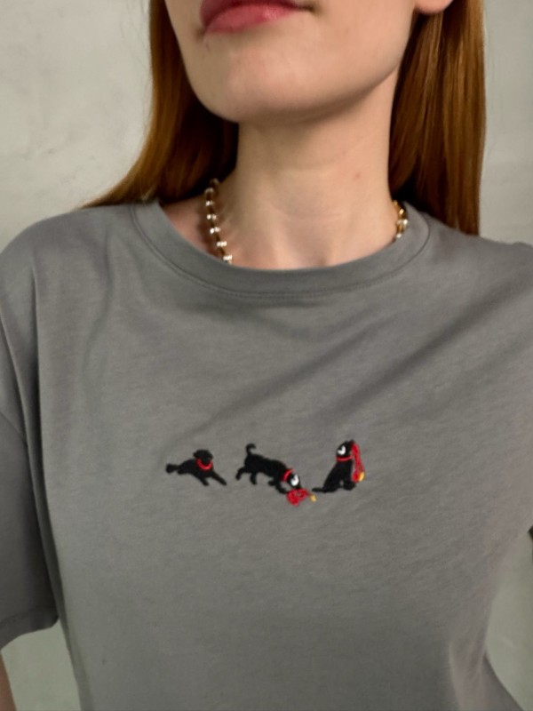 T-912 Füme Köpek Nakış İşlemeli Bisiklet Yaka Tişört - 2