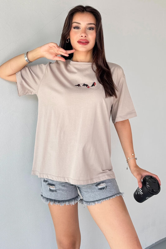 T-912 Vizon Köpek Nakış İşlemeli Bisiklet Yaka Tişört - 2