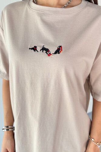 T-912 Vizon Köpek Nakış İşlemeli Bisiklet Yaka Tişört - 3