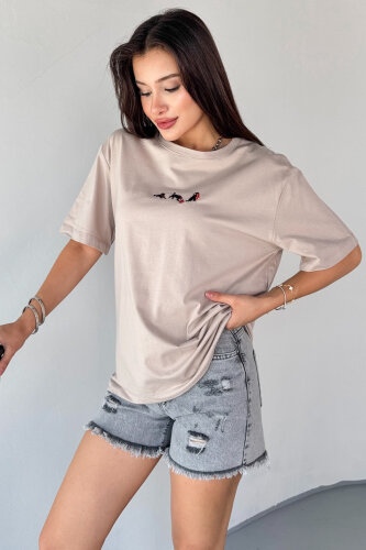 T-912 Vizon Köpek Nakış İşlemeli Bisiklet Yaka Tişört - 1