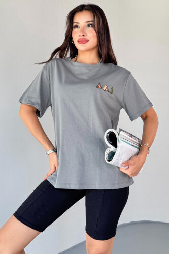 T-914 Füme Kamp Nakış İşlemeli Bisiklet Yaka Tişört - 1