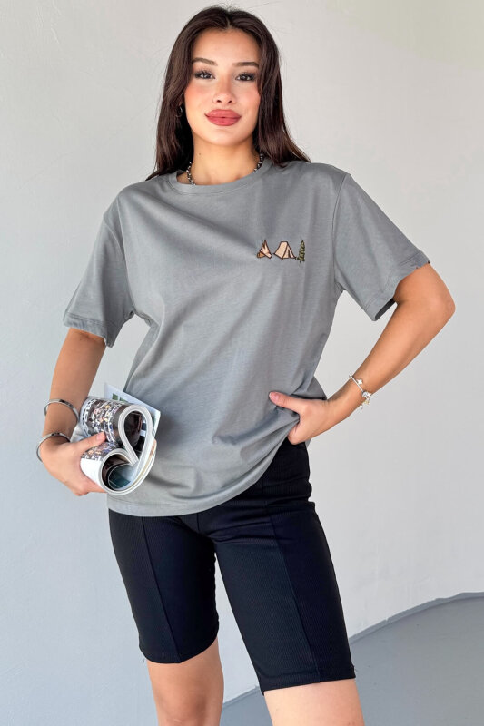 T-914 Füme Kamp Nakış İşlemeli Bisiklet Yaka Tişört - 2