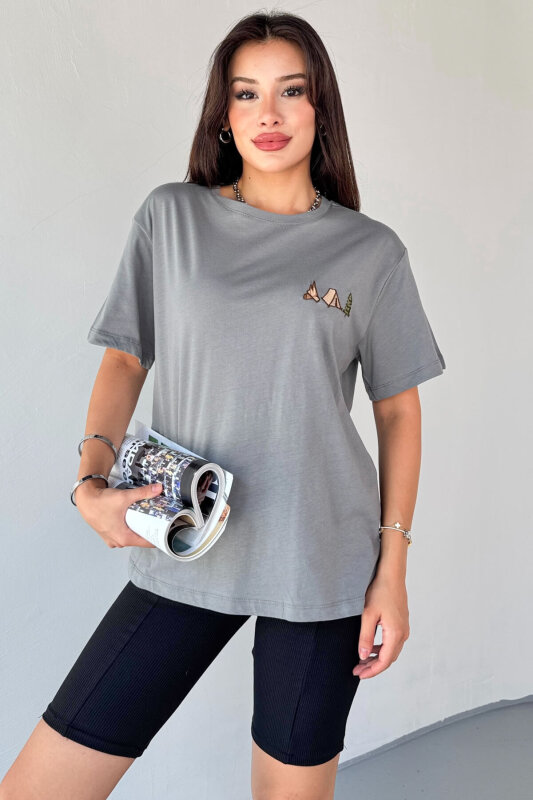 T-914 Füme Kamp Nakış İşlemeli Bisiklet Yaka Tişört - 3