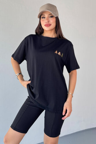 T-914 Siyah Kamp Nakış İşlemeli Bisiklet Yaka Tişört - 1