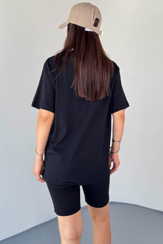 T-914 Siyah Kamp Nakış İşlemeli Bisiklet Yaka Tişört - 4