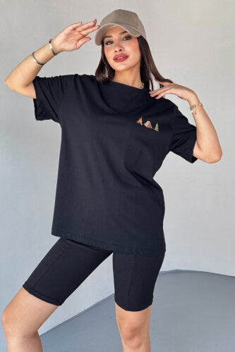 T-914 Siyah Kamp Nakış İşlemeli Bisiklet Yaka Tişört - 5