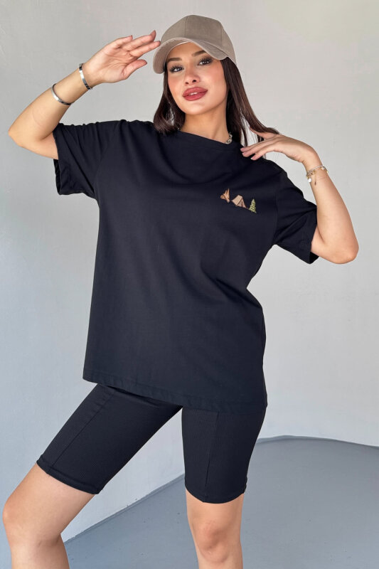 T-914 Siyah Kamp Nakış İşlemeli Bisiklet Yaka Tişört - 5