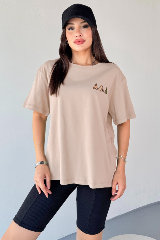 T-914 Vizon Kamp Nakış İşlemeli Bisiklet Yaka Tişört - 1