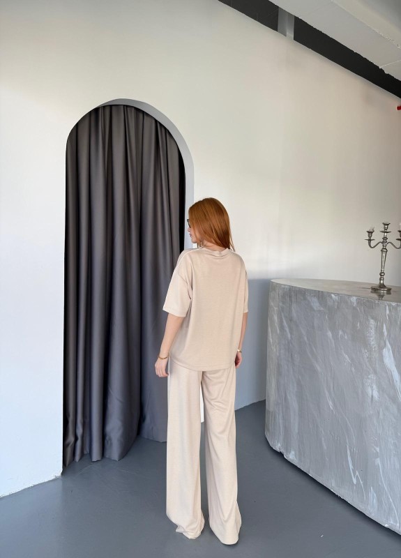 TKM-0020 Bej Rengi Yan Biyeli Modal Kumaş Salaş Yarım Kol Bluz Palazzo Alt İkili Takım - 4