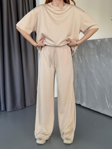 TKM-0020 Bej Rengi Yan Biyeli Modal Kumaş Salaş Yarım Kol Bluz Palazzo Alt İkili Takım - Cappmoda (1)