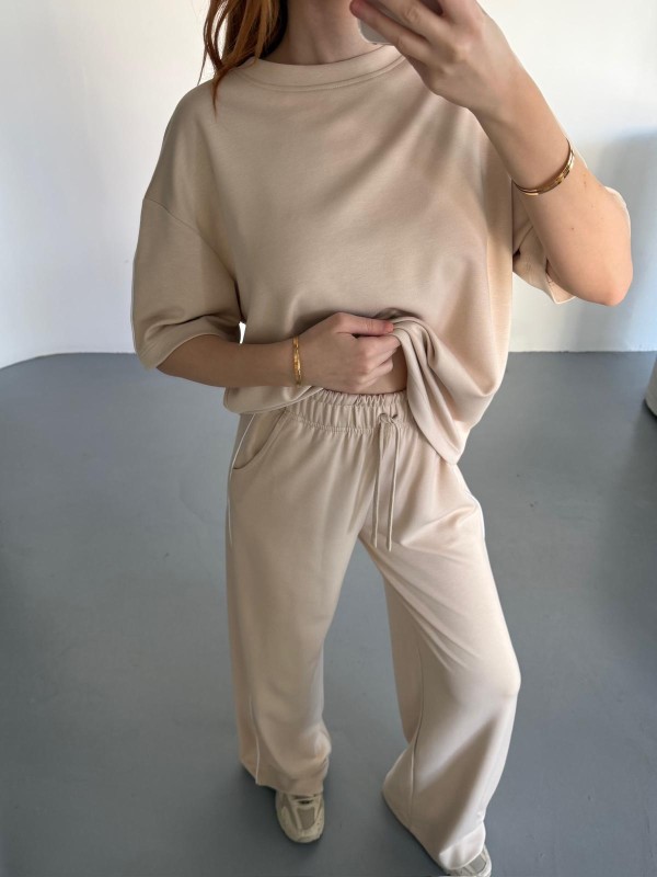 TKM-0020 Bej Rengi Yan Biyeli Modal Kumaş Salaş Yarım Kol Bluz Palazzo Alt İkili Takım - 3