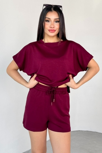 TKM-0021 Bordo T Kol Model Bisiklet Yaka Tişört Bel Lastikli İp Bağlamalı Cepli Şort İkili Takım (1)