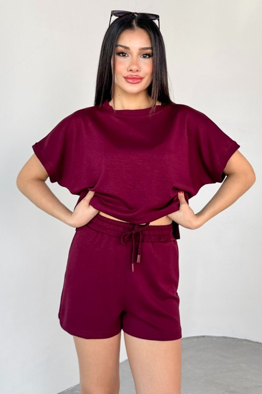 TKM-0021 Bordo T Kol Model Bisiklet Yaka Tişört Bel Lastikli İp Bağlamalı Cepli Şort İkili Takım - 2