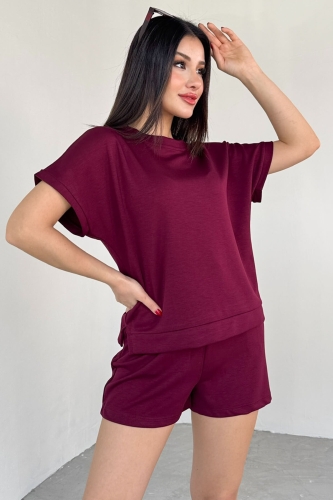 TKM-0021 Bordo T Kol Model Bisiklet Yaka Tişört Bel Lastikli İp Bağlamalı Cepli Şort İkili Takım - 3