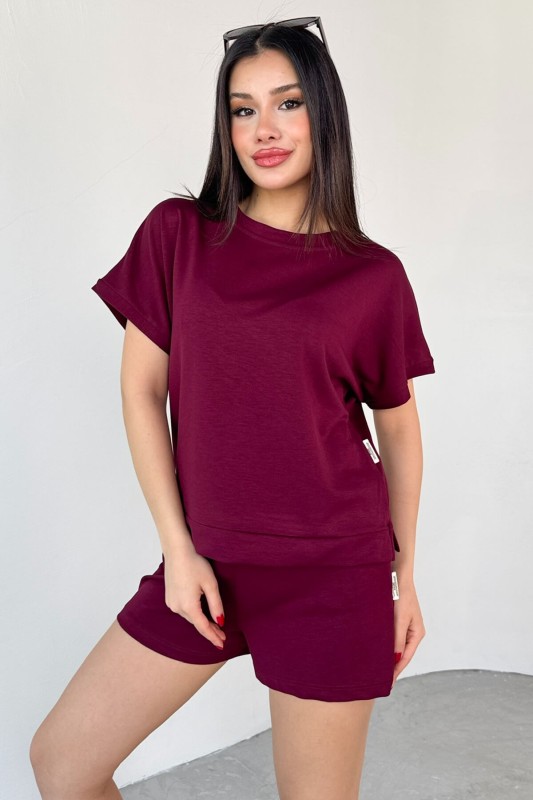 TKM-0021 Bordo T Kol Model Bisiklet Yaka Tişört Bel Lastikli İp Bağlamalı Cepli Şort İkili Takım - 1