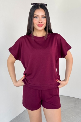 TKM-0021 Bordo T Kol Model Bisiklet Yaka Tişört Bel Lastikli İp Bağlamalı Cepli Şort İkili Takım - 4