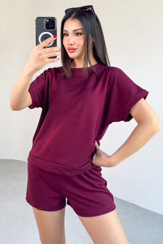 TKM-0021 Bordo T Kol Model Bisiklet Yaka Tişört Bel Lastikli İp Bağlamalı Cepli Şort İkili Takım - 5