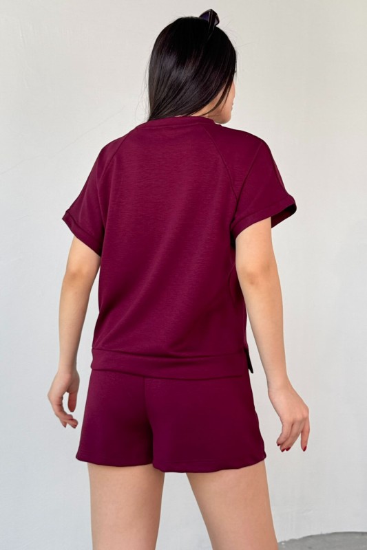 TKM-0021 Bordo T Kol Model Bisiklet Yaka Tişört Bel Lastikli İp Bağlamalı Cepli Şort İkili Takım - 6