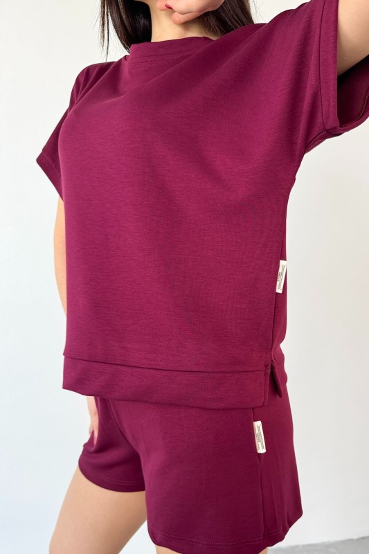 TKM-0021 Bordo T Kol Model Bisiklet Yaka Tişört Bel Lastikli İp Bağlamalı Cepli Şort İkili Takım - 7