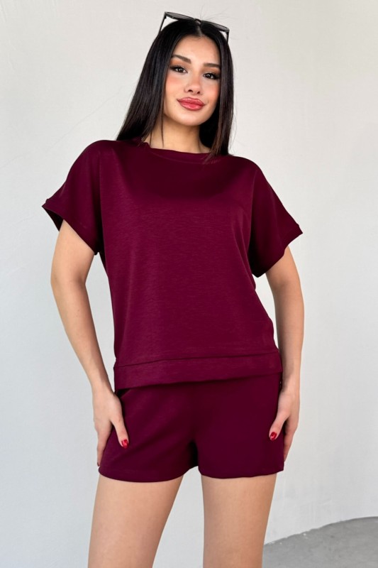 TKM-0021 Bordo T Kol Model Bisiklet Yaka Tişört Bel Lastikli İp Bağlamalı Cepli Şort İkili Takım - 8