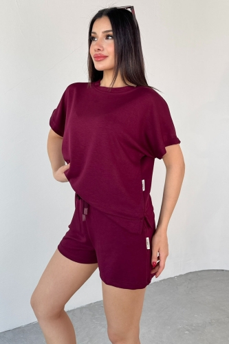TKM-0021 Bordo T Kol Model Bisiklet Yaka Tişört Bel Lastikli İp Bağlamalı Cepli Şort İkili Takım - 9