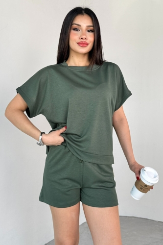 TKM-0021 Haki T Kol Model Bisiklet Yaka Tişört Bel Lastikli İp Bağlamalı Cepli Şort İkili Takım - 3