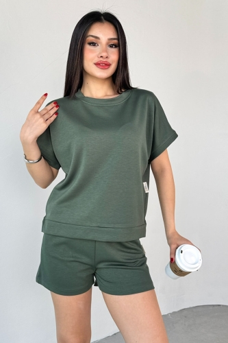 TKM-0021 Haki T Kol Model Bisiklet Yaka Tişört Bel Lastikli İp Bağlamalı Cepli Şort İkili Takım - 5