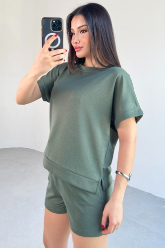 TKM-0021 Haki T Kol Model Bisiklet Yaka Tişört Bel Lastikli İp Bağlamalı Cepli Şort İkili Takım - 7