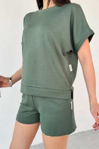 TKM-0021 Haki T Kol Model Bisiklet Yaka Tişört Bel Lastikli İp Bağlamalı Cepli Şort İkili Takım - 8