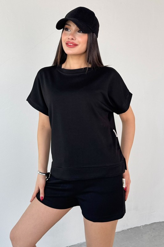 TKM-0021 Siyah T Kol Model Bisiklet Yaka Tişört Bel Lastikli İp Bağlamalı Cepli Şort İkili Takım - 1