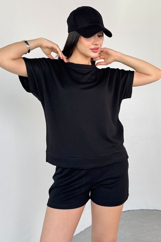 TKM-0021 Siyah T Kol Model Bisiklet Yaka Tişört Bel Lastikli İp Bağlamalı Cepli Şort İkili Takım - 2