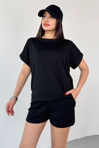 TKM-0021 Siyah T Kol Model Bisiklet Yaka Tişört Bel Lastikli İp Bağlamalı Cepli Şort İkili Takım - 3