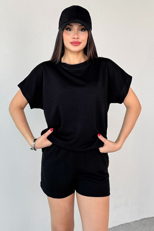 TKM-0021 Siyah T Kol Model Bisiklet Yaka Tişört Bel Lastikli İp Bağlamalı Cepli Şort İkili Takım - 4
