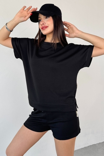 TKM-0021 Siyah T Kol Model Bisiklet Yaka Tişört Bel Lastikli İp Bağlamalı Cepli Şort İkili Takım - 5