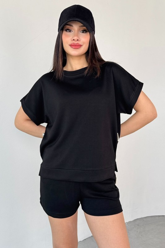 TKM-0021 Siyah T Kol Model Bisiklet Yaka Tişört Bel Lastikli İp Bağlamalı Cepli Şort İkili Takım - 6