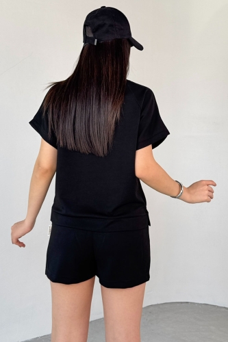 TKM-0021 Siyah T Kol Model Bisiklet Yaka Tişört Bel Lastikli İp Bağlamalı Cepli Şort İkili Takım - 8