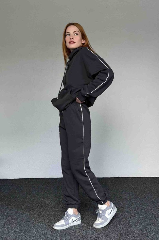 TKM-0029 Füme Kapüşonlu Biyeli İki İplik Şardonlu Sweatshirt Jogger İkili Takım - 1