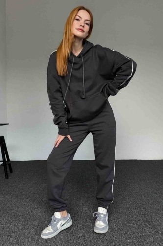 TKM-0029 Füme Kapüşonlu Biyeli İki İplik Şardonlu Sweatshirt Jogger İkili Takım (1)
