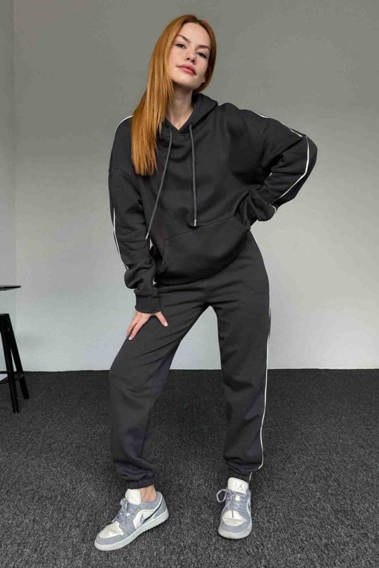 TKM-0029 Füme Kapüşonlu Biyeli İki İplik Şardonlu Sweatshirt Jogger İkili Takım - 2