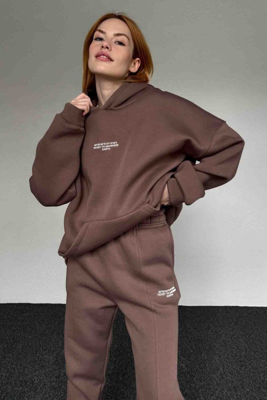 TKM-0033 Kahverengi Kordinatlar Kabartma Baskılı Kapüşonlu Sweatshirt Jogger Eşofman Üç İplik Şardonlu İkili Takım - 2