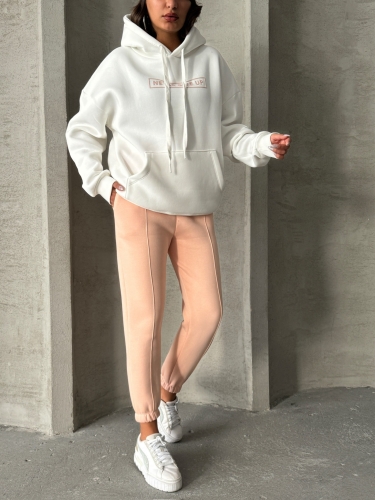 TKM-0034 Pudra Beyaz Never Give Up Yazı Baskılı Kapüşonlu Sweatshirt Jogger Üç İplik Şardonlu İkili Takım - 4
