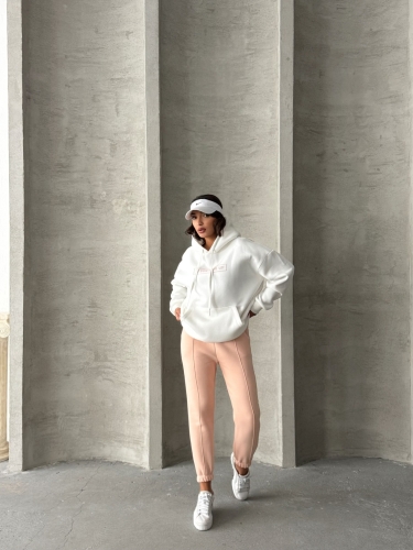 TKM-0034 Pudra Beyaz Never Give Up Yazı Baskılı Kapüşonlu Sweatshirt Jogger Üç İplik Şardonlu İkili Takım - 5