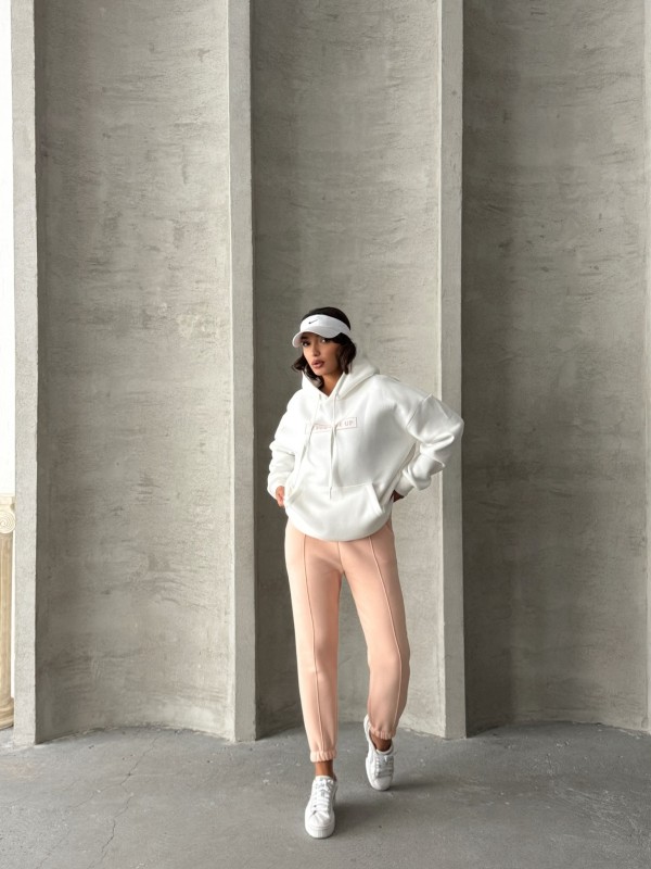 TKM-0034 Pudra Beyaz Never Give Up Yazı Baskılı Kapüşonlu Sweatshirt Jogger Üç İplik Şardonlu İkili Takım - 5