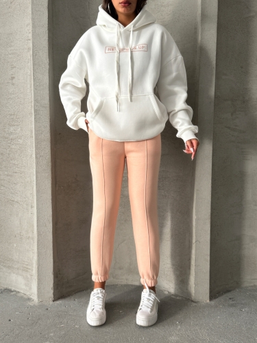 TKM-0034 Pudra Beyaz Never Give Up Yazı Baskılı Kapüşonlu Sweatshirt Jogger Üç İplik Şardonlu İkili Takım - 6