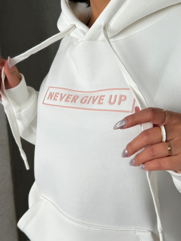 TKM-0034 Pudra Beyaz Never Give Up Yazı Baskılı Kapüşonlu Sweatshirt Jogger Üç İplik Şardonlu İkili Takım - 3